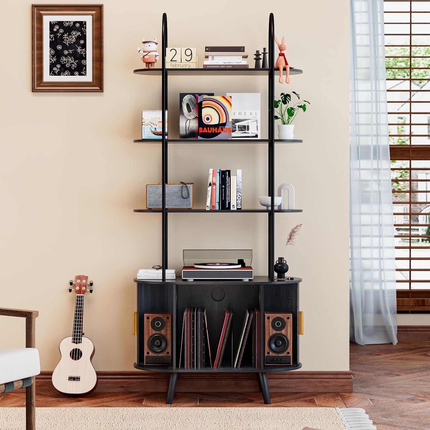 Tall Vinyl Record Player Stand, Black Small Record Storage Cabinet, 4 Tier Arched Bookshelf with Sliding Doors, Fluted Media Display Shelf, Mid Century Modern Turntable Stand for Living Room, Retro