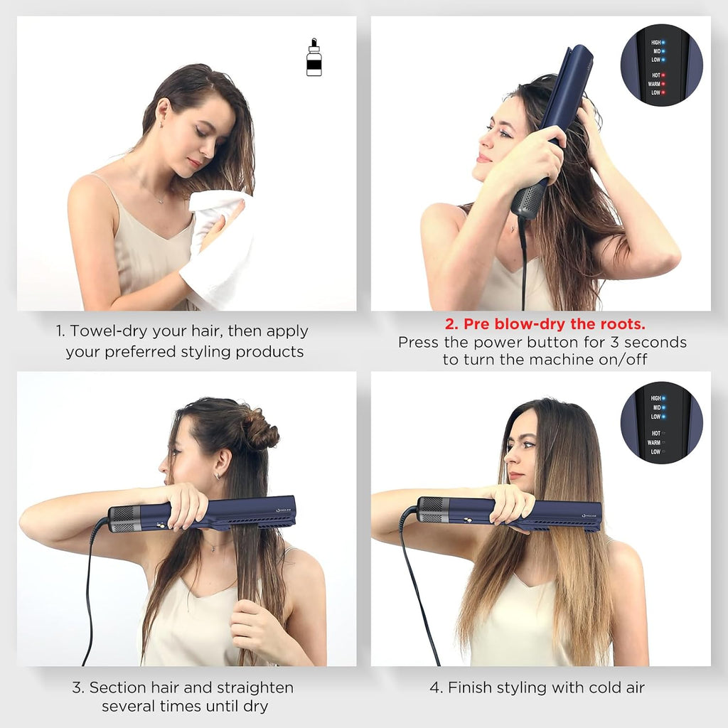 IG INGLAM Air Straight, Style from Wet Hair, 200M Ionic Hair Dryer Straightener for Medium Long Length(14'-30'), Straightener and Dryer 2 in 1, Fast Drying and Straightening in One Step, Dark Blue
