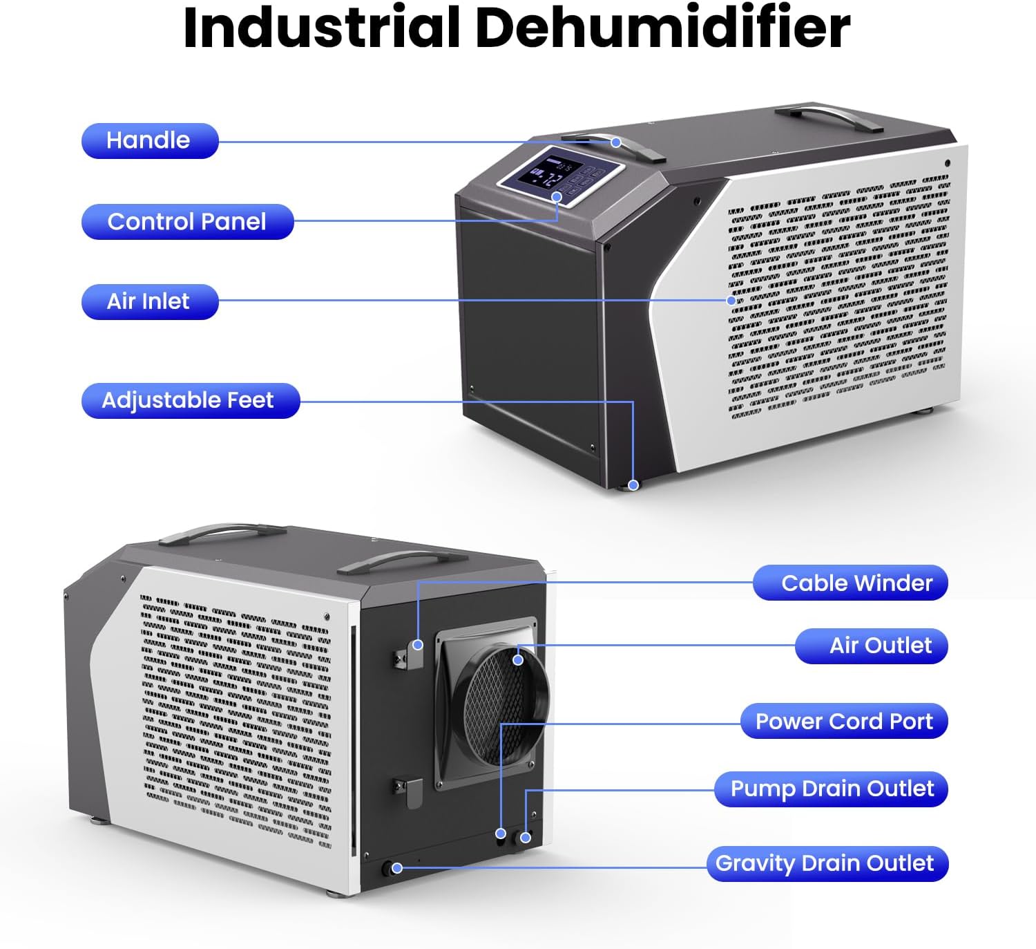Industrial Commercial Dehumidifier with Pump, Crawl Space Dehumidifier with 180 Pints, Drain Hose, Smart LED Dehumidifier Display for Basement, Garage, Home, Cover Up to 8000Sq Ft