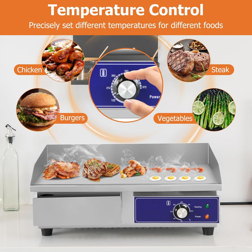 Happygrill 22' Commercial Electric Griddle, Stainless Steel Flat Top Grill w/Adjustable Temperature Control 122℉-572℉, Complete Accessories, 2000 W Electric Countertop Griddle for Kitchen Restaurant
