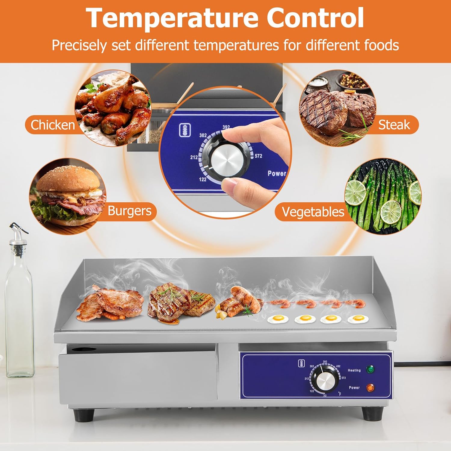 Happygrill 22' Commercial Electric Griddle, Stainless Steel Flat Top Grill w/Adjustable Temperature Control 122℉-572℉, Complete Accessories, 2000 W Electric Countertop Griddle for Kitchen Restaurant