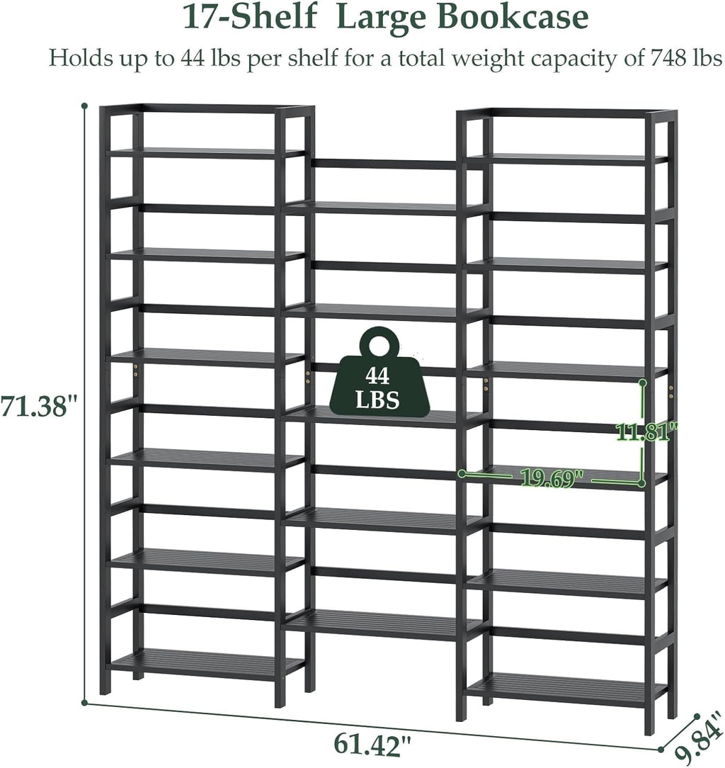 Homykic Bamboo Bookshelf, 71' Tall Triple Wide Bookcase with 17 Open Storage Shelves, 6-Tier Etagere with Back Rails, Large Display Shelf for Books, Plants, Home Office, Max Load 748LBS, Black