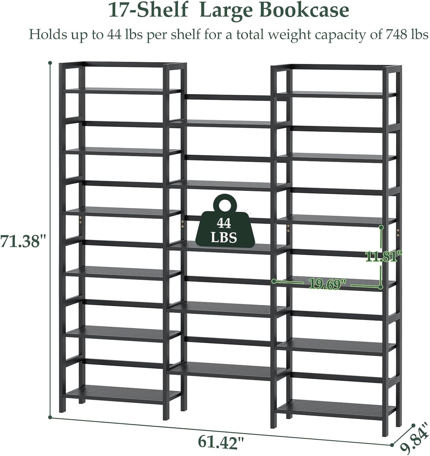 Homykic Bamboo Bookshelf, 71' Tall Triple Wide Bookcase with 17 Open Storage Shelves, 6-Tier Etagere with Back Rails, Large Display Shelf for Books, Plants, Home Office, Max Load 748LBS, Black