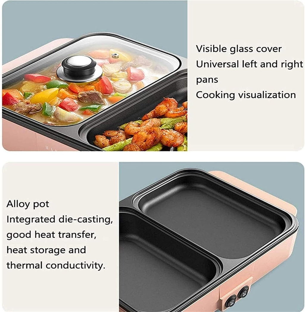 Indoor Korean Barbecue Grill Electric Skillet Grill Combo, Indoor BBQ Grill, Stew And Hot Pot With Non Stick Pan, Tempered Glass Vented Lid, 110v/220v Household Electric Grill Smokeless Removable (Co
