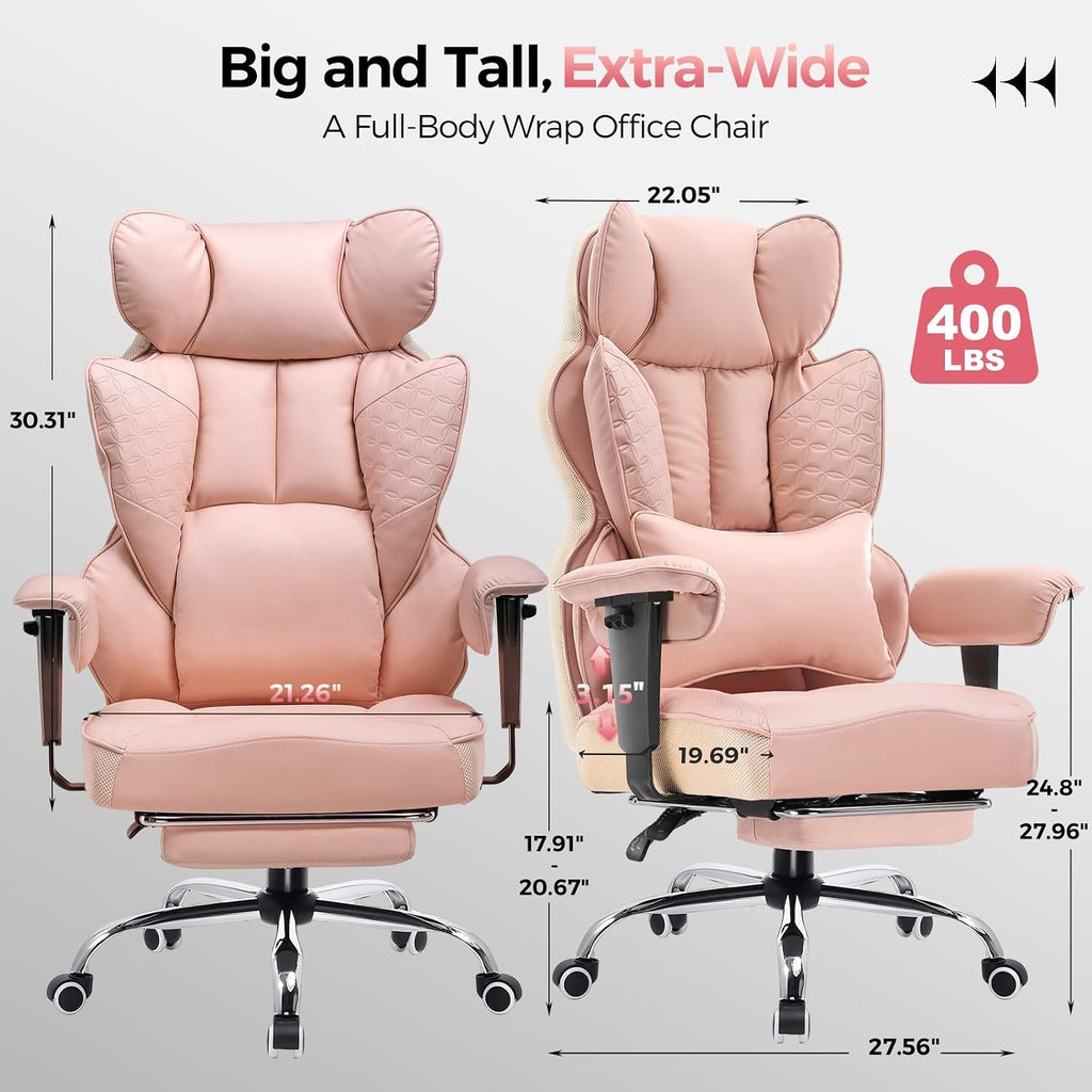 GTPLAYER Big and Tall Gaming Chair 400lbs Heavy Duty Office Chair with Foot Rest & Ergonomic Pocket Spring Lumbar Support, High Back 3D Saddle Shaped Cushion for Back Pain Relief, Pink