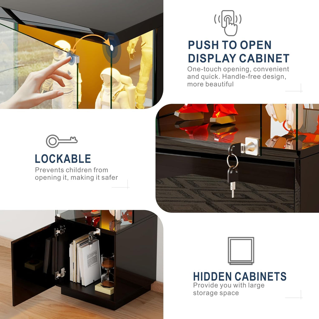 HNEBC Corner Glass Display Cabinet with Lockable&3 Color Lights for Living Room Black, Curio Cabinet with Adjustable Glass Shelf for Liquor Figurine Bookcase for Living Room