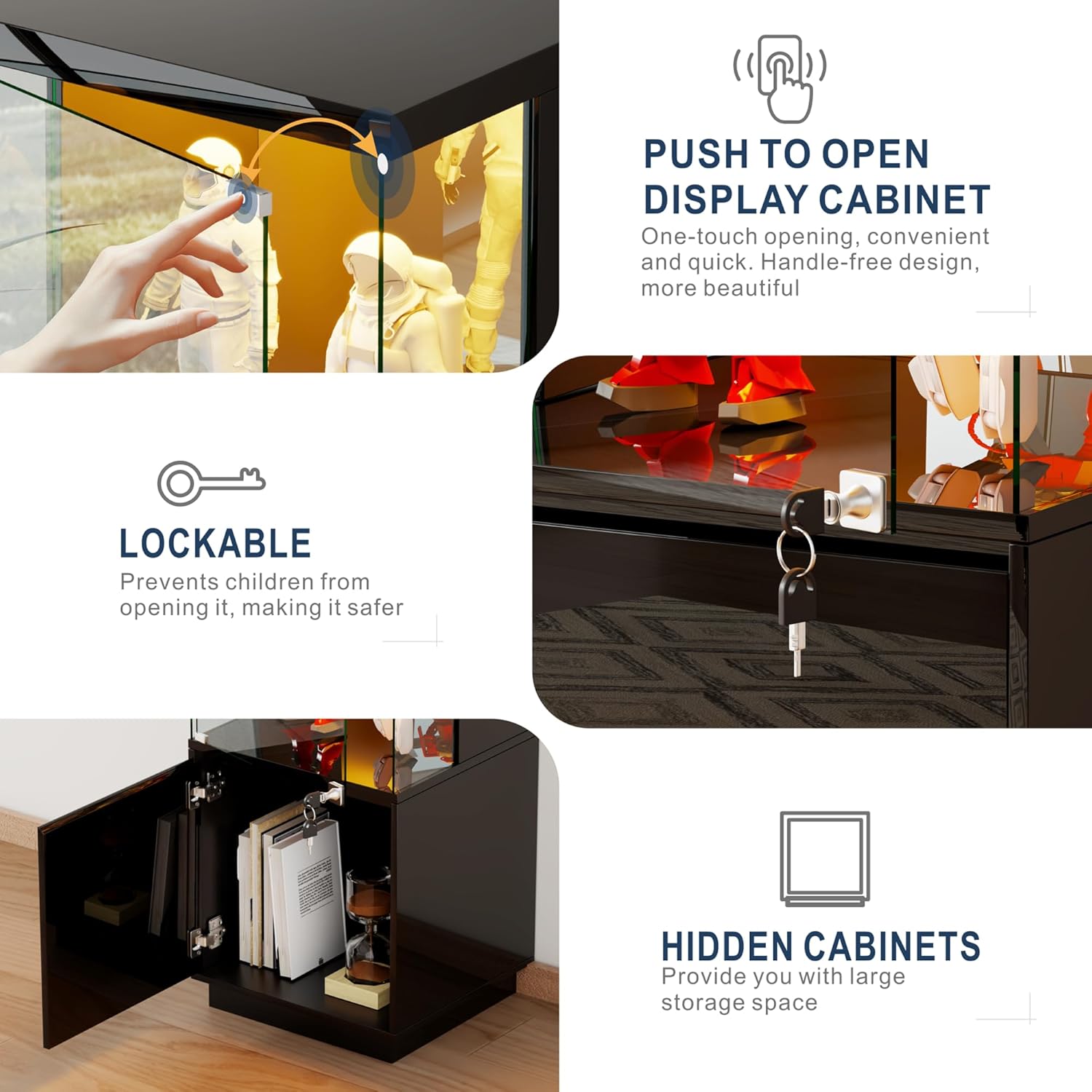 HNEBC Corner Glass Display Cabinet with Lockable&3 Color Lights for Living Room Black, Curio Cabinet with Adjustable Glass Shelf for Liquor Figurine Bookcase for Living Room