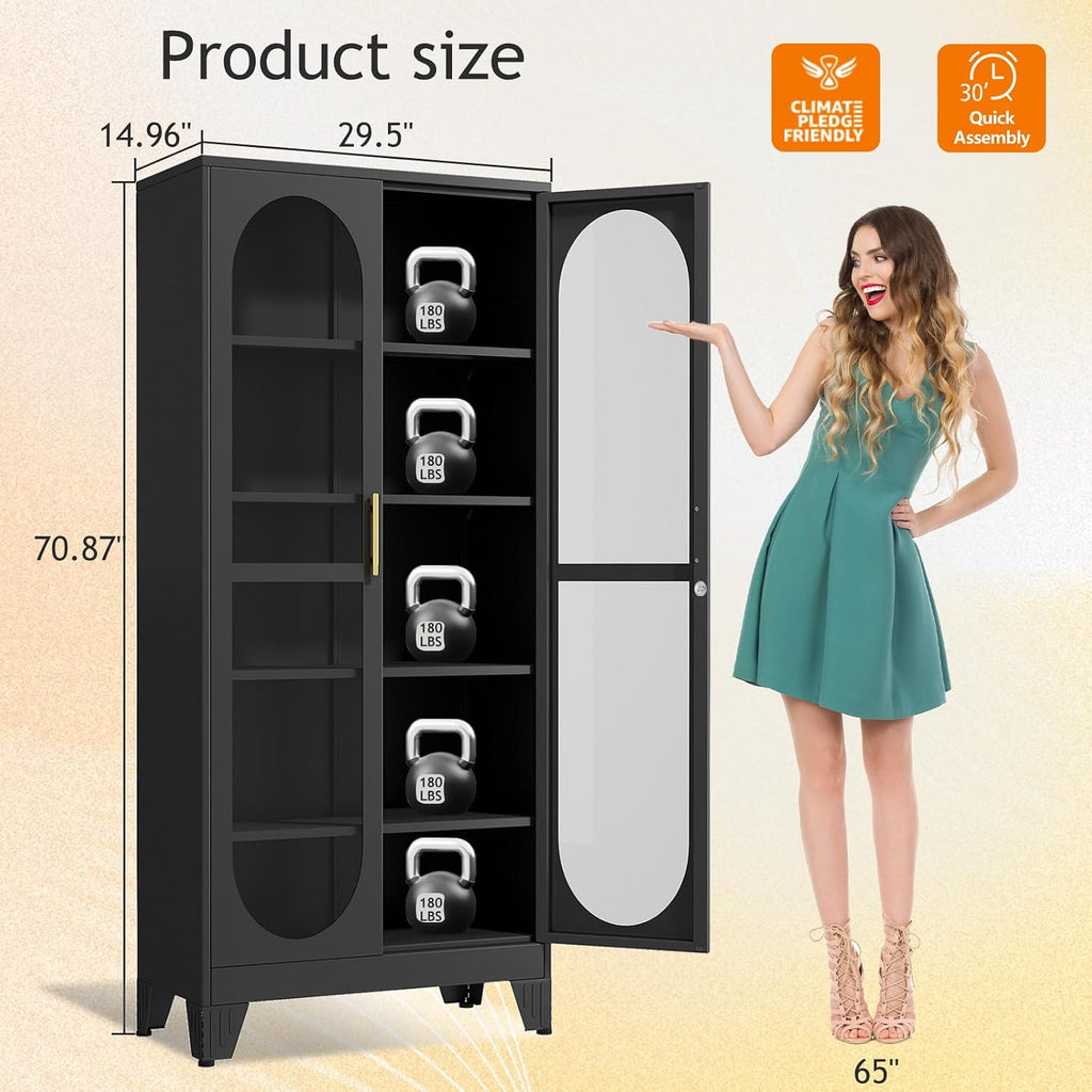 GAIOUS 71' Tall Display Cabinet with Glass Door, 5 Tier Metal Curio Cabinet with 4 Adjustable Shelves, Locking Glass Display Case for Collectibles, Showcase Storage Cabinets for Showroom Clinic, Black