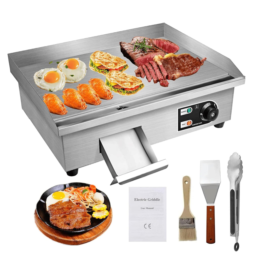 22' Electric Countertop Flat Top Griddle 1600W 110V Non-Stick Commercial Restaurant Teppanyaki Grill Stainless Steel Adjustable Temperature Control 50~300℃