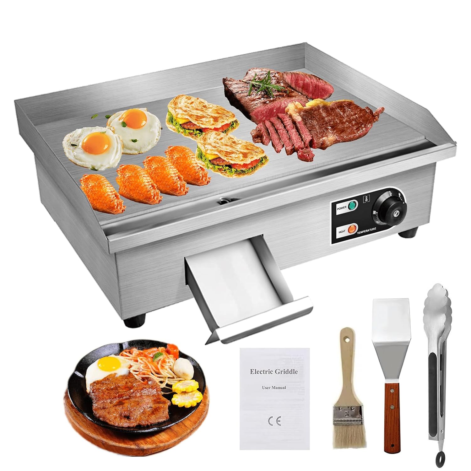 22' Electric Countertop Flat Top Griddle 1600W 110V Non-Stick Commercial Restaurant Teppanyaki Grill Stainless Steel Adjustable Temperature Control 50~300℃