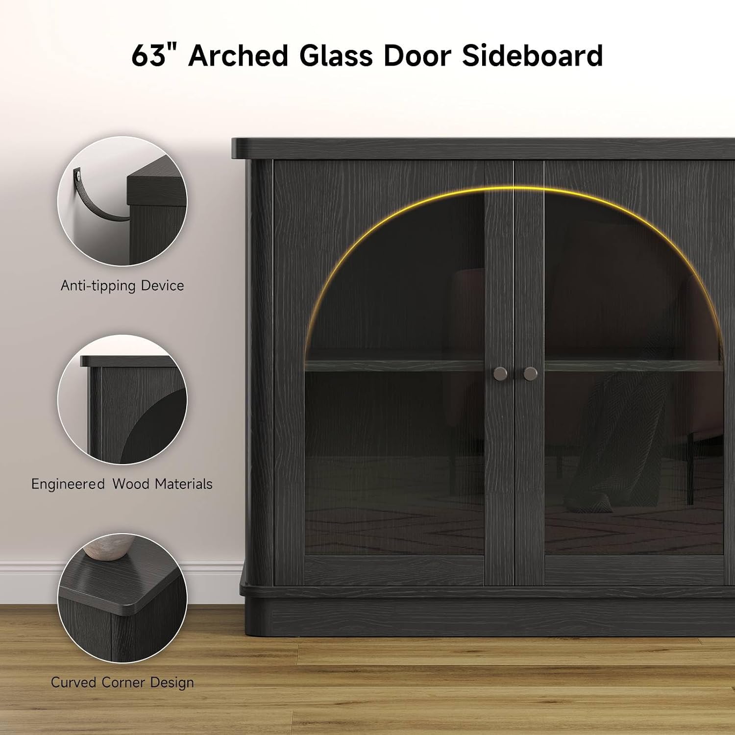 ONBRILL 63 Inch Sideboard Buffet Cabinet, Modern Arched Buffet with Glass Doors, Large Curved Cabinets with Storage, Console Credenza w/Adjustable Shelves for Living Room, Kitchen, Entryway, Black