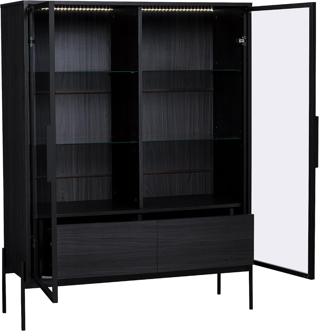 51' Minimalist Aluminum-Frame Showcase Cabinet, Lego Display Case with LED Lighting, Lego Display Shelves with Adjustable Glass Shelves & Drawers for Home Office Living Room, Black