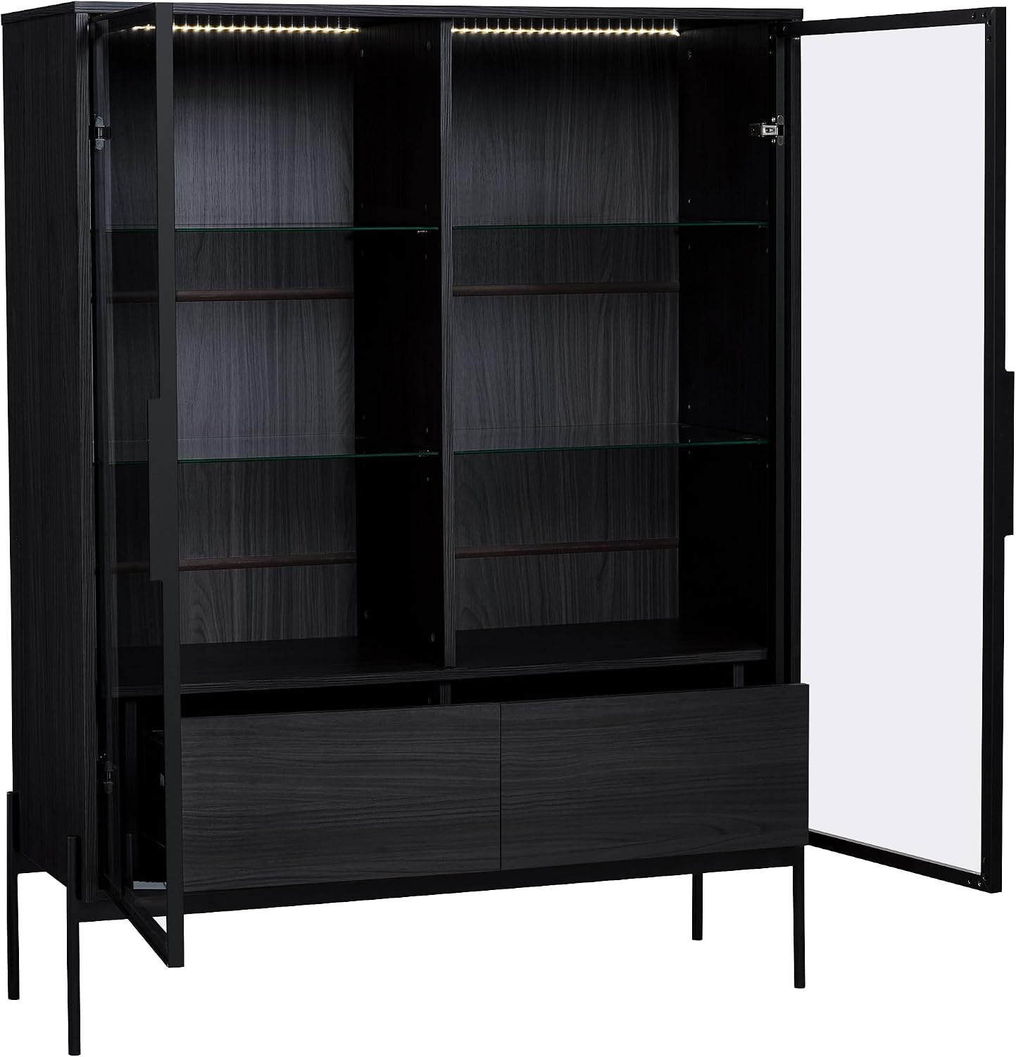 51' Modern Aluminum-Frame Showcase Cabinet, Lego Display Case with Glass Doors, Lego Display Shelves with LED 4-Tier for Home Office Living Room, Black