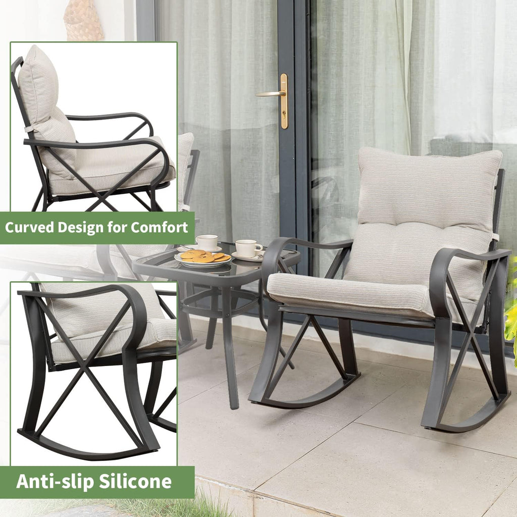 COSIEST 3 Piece Bistro Set Patio Rocking Chairs Outdoor Furniture w Beige Cushions, Glass-Top Table for Garden, Pool, Backyard