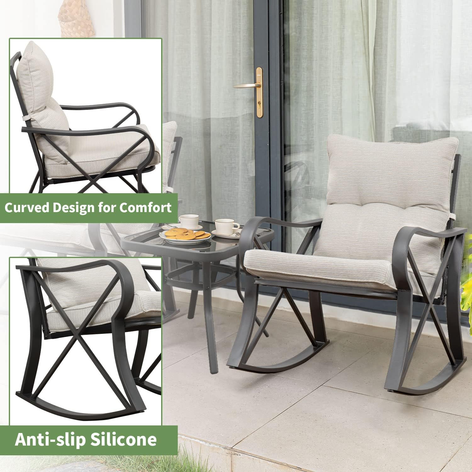COSIEST 3 Piece Bistro Set Patio Rocking Chairs Outdoor Furniture w Beige Cushions, Glass-Top Table for Garden, Pool, Backyard