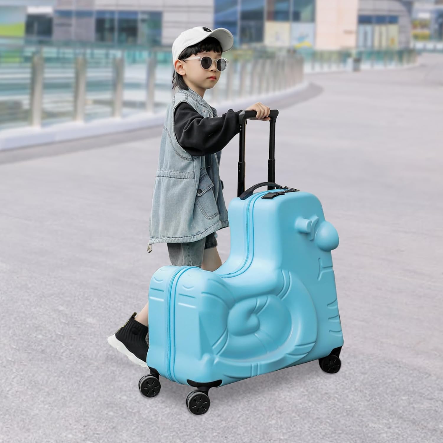 DNYSYSJ Children's Ride On Luggage, 20' Kid's Trolley Suitcase with Universal Wheels and Password Lock, Carry On Luggage Rolling Luggage, Aged 1-6 Years, ABS+PC (Blue, Snail Pattern)