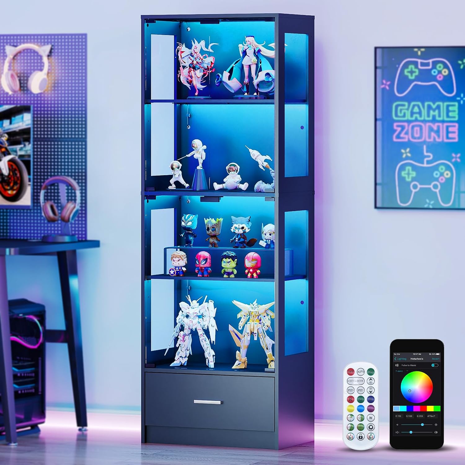 Lamtor 67-inch Glass Display Cabinet – Curio Cabinet with RGB LED Lights, 1 Drawer & Anti-Tip Design for Collectibles, Figures, Living Room | Black