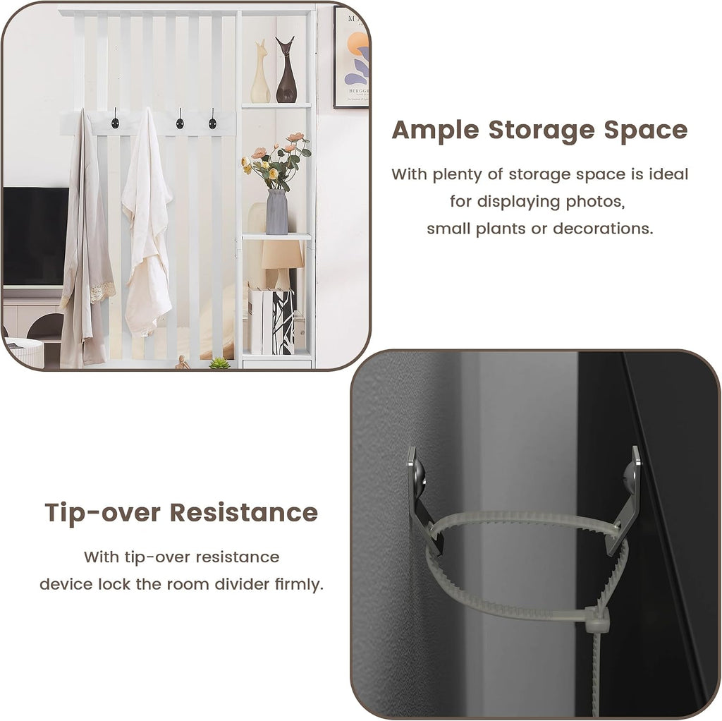Room Divider with Shelves, Wall Room Divider Bookshelf, Freestanding Wood Privacy Screen with Storage Cabinet, Coat Rack, Display Shelf for Living Room Separation, Home Office Decorative (White)
