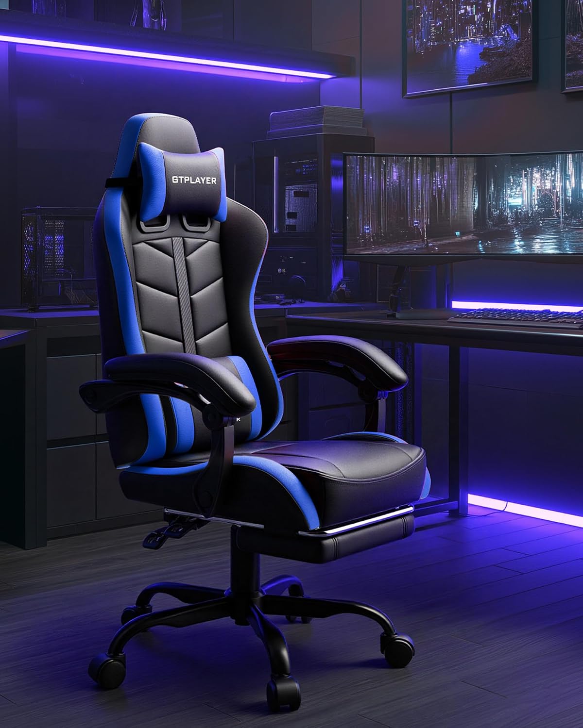 GTPLAYER Gaming Chair for Adults, Ergonomic Computer Gaming Chair with Footrest, Height Adjustable, 90-155° Recline & Removable Headrest Lumbar Support, Black&Blue