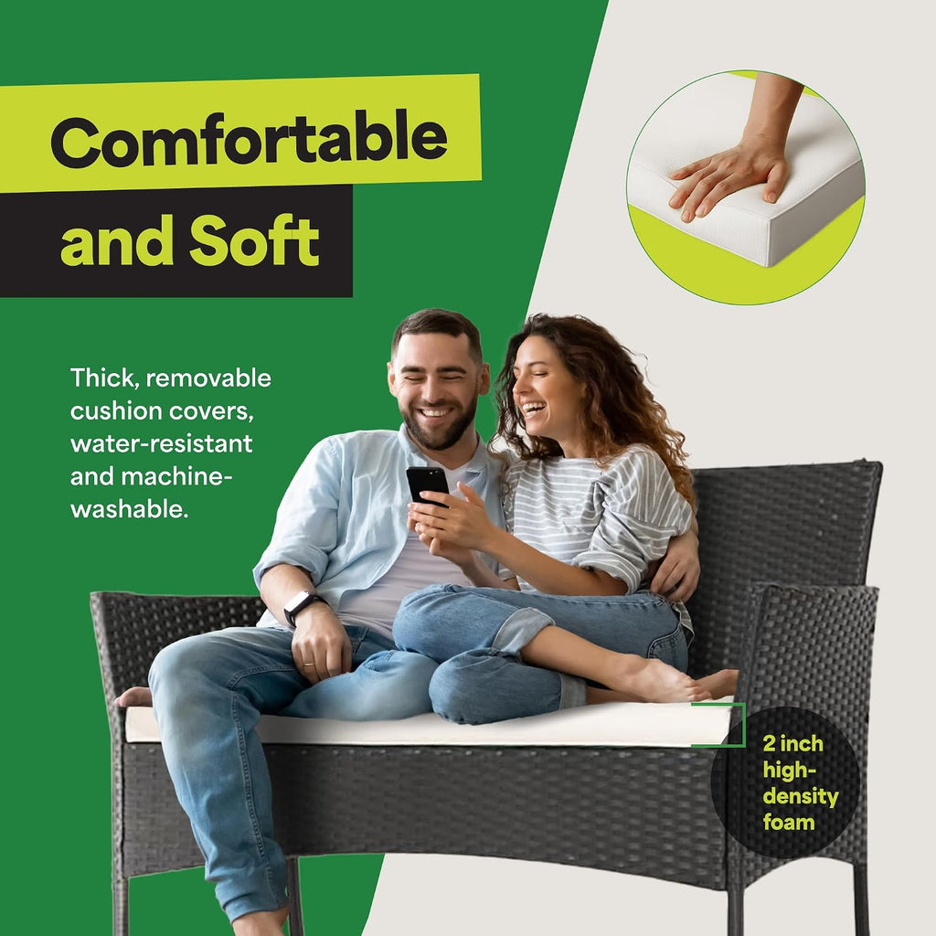 EconoHome 4-Piece Outdoor Patio Furniture Set - Patio Set with 2 Rattan Chairs, 1 Loveseat & 1 Glass -Top Coffee Table - Weather-Proof Wicker with Cushions - Conversation Set for Porch, Balcony, Lawn
