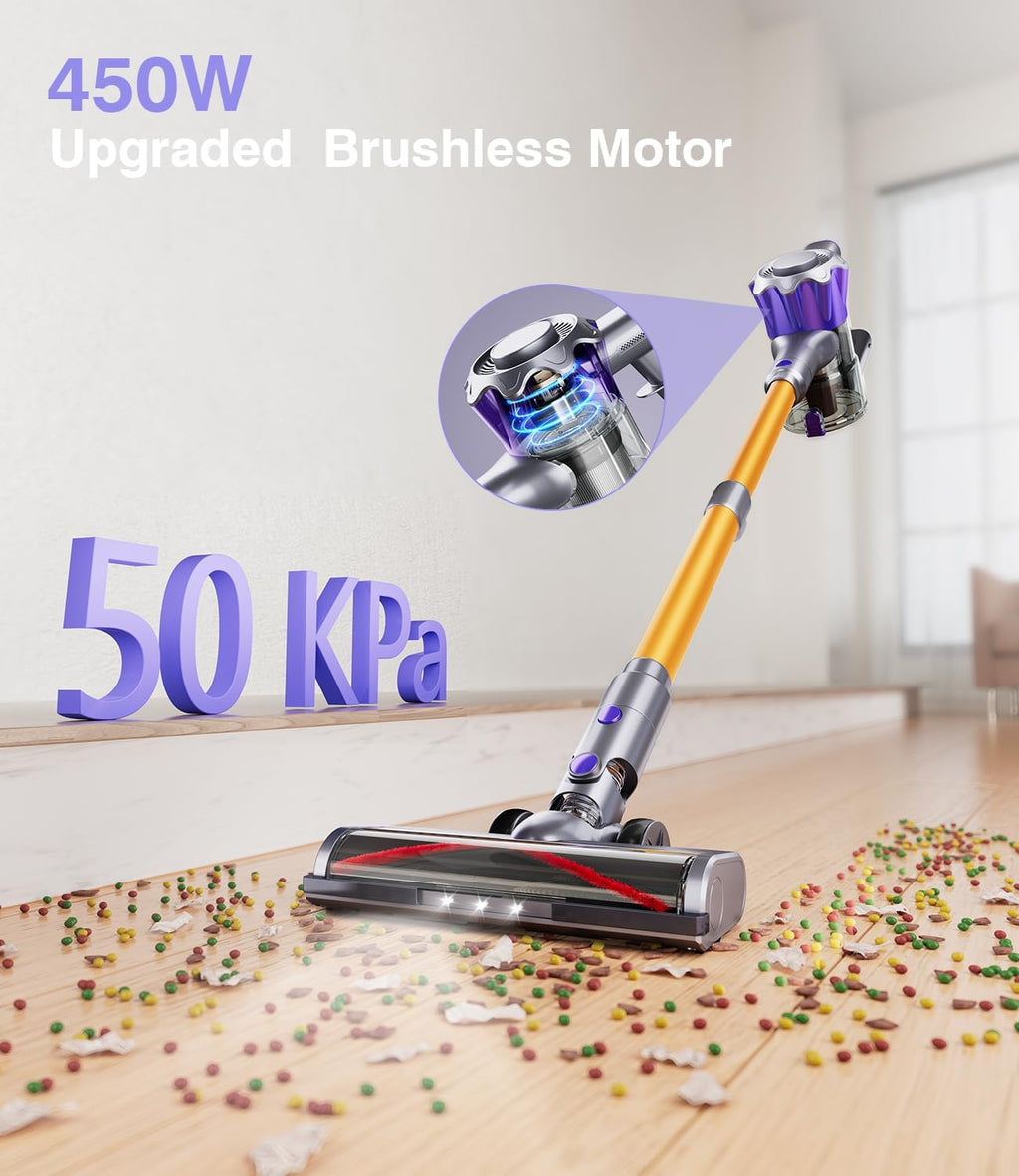 MBYULO Cordless Vacuum Cleaner, 450W 50Kpa Powerful Stick Vacuum, Up to 70Mins Rechargeable Battery, Vacuum Cleaners for Home Anti-Tangled Lightweight Handheld for Hardwood Floor, Carpets, Pet Hair