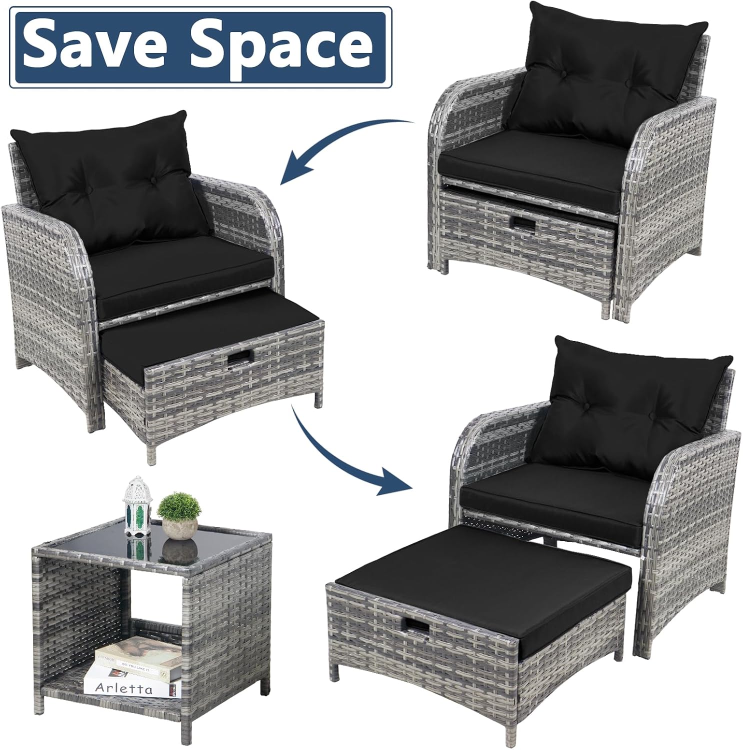 5 Pieces PE Wicker Outdoor Chairs with Ottoman, 5 PCS Rattan Patio Furniture Chairs with Pull Out Ottoman & Side Table for Porch Balcony Sunroom, Black