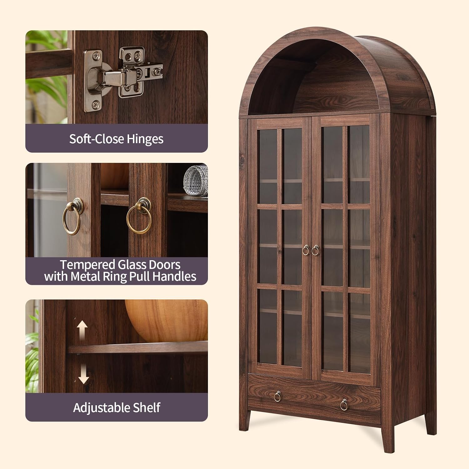 RowyPoey Farmhouse Arched Cabinet with Glass Doors, Wood Display Cabinet with Drawer and Adjustable Shelves, 71' Tall Bookshelf Modern Storage Kitchen Pantry for Living Room,Office (Walnut, 2 PCS)