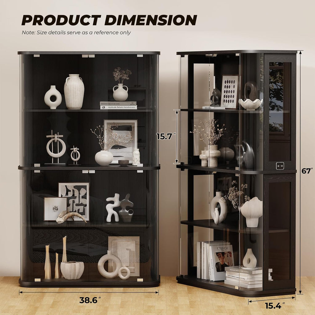 BROTTAR Large Rounded Display Cabinet with Glass Door, 4-Tier Curio Cabinet with 3 Color Lights for Collectibles, Glass Display Case with Transparent Full-Display Surface, Human Body Sensor, Black
