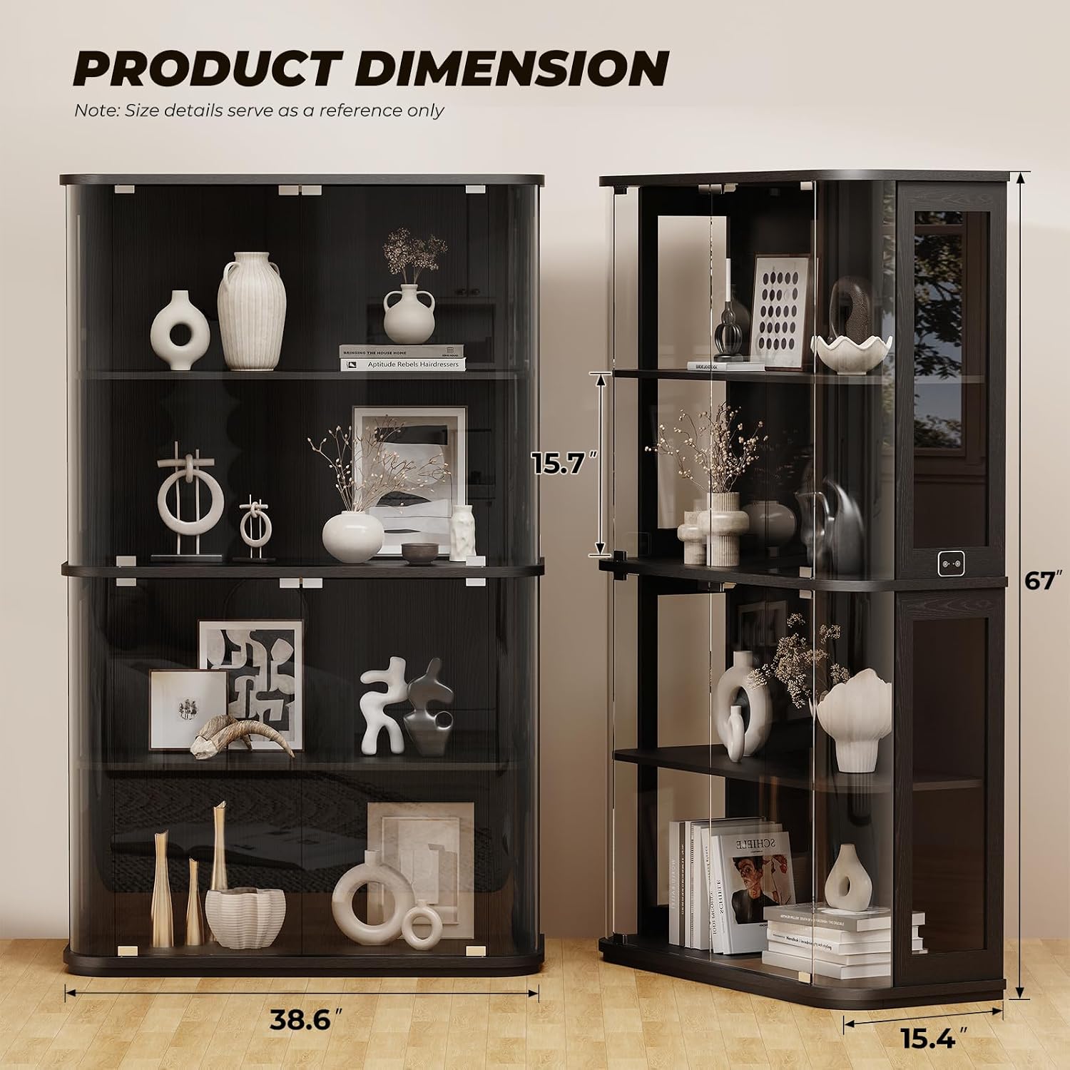 BROTTAR Large Rounded Display Cabinet with Glass Door, 4-Tier Curio Cabinet with 3 Color Lights for Collectibles, Glass Display Case with Transparent Full-Display Surface, Human Body Sensor, Black