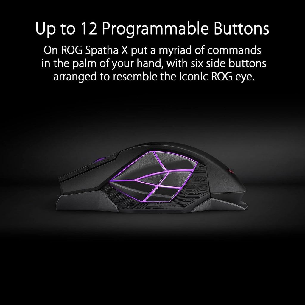 ASUS ROG Spatha X Wireless Gaming Mouse – MMO/MOBA Design, 12 Programmable Buttons, Right-Handed, 168g, Dual-Mode (Wired/2.4GHz), 19K DPI, up to 67Hr Battery, Magnetic Charging Dock, PC/Mac Support