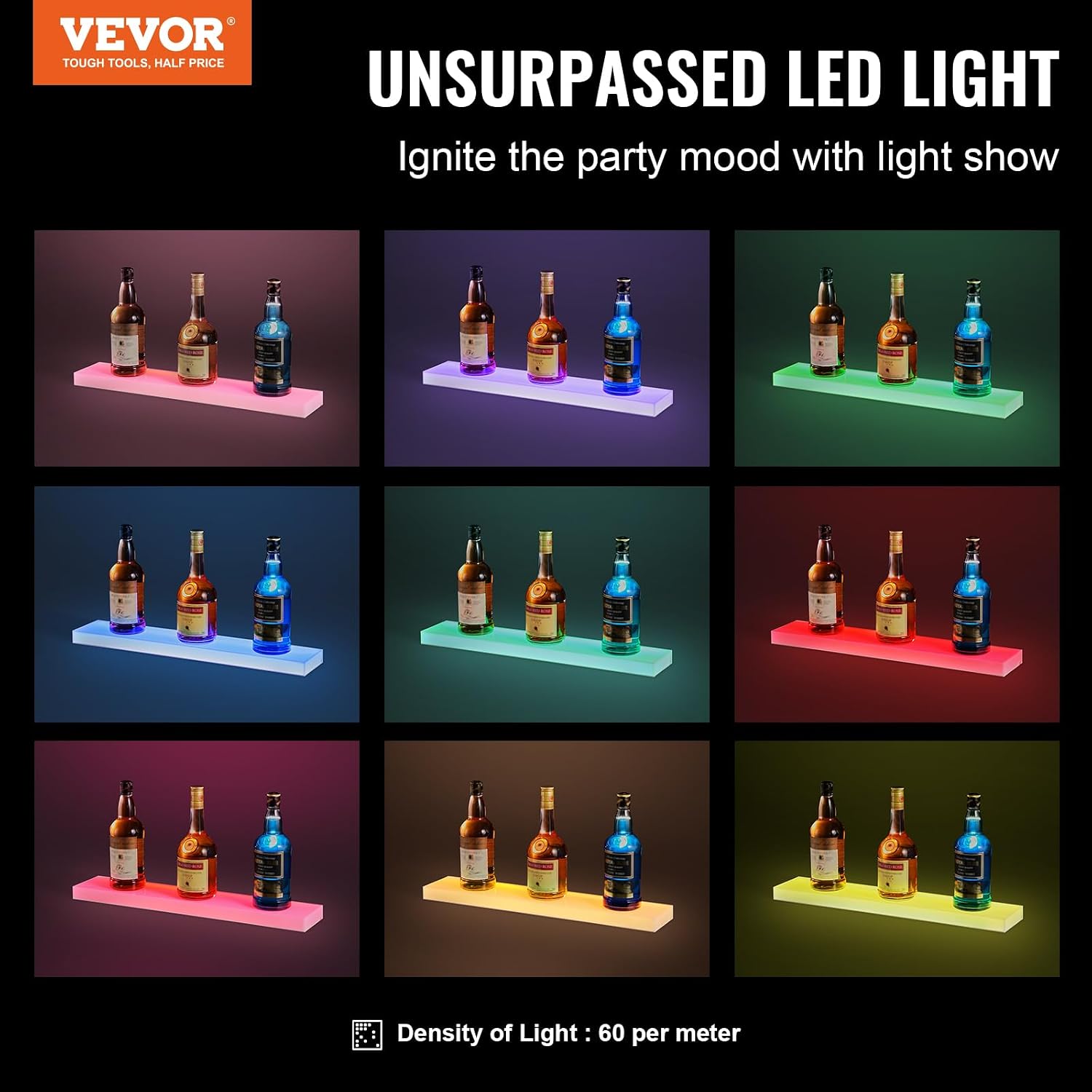 VEVOR LED Lighted Liquor Bottle Display, 1 Tier 24 Inch Wall Mounted Whiskey Rack Stand, 1 Step Commercial Illuminated Home Bar Shelf, Acrylic Drinks Light Shelves with RF Remote & App Control