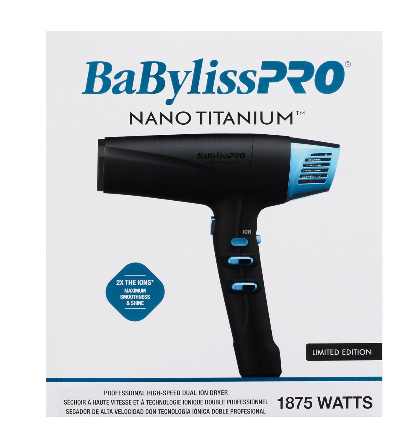 BabylissPRO Nano Titanium Hair Dryer, Professional 1875-Watt Blow Dryer, Lightweight, Ionic Technology Dries Hair Faster with Less Frizz