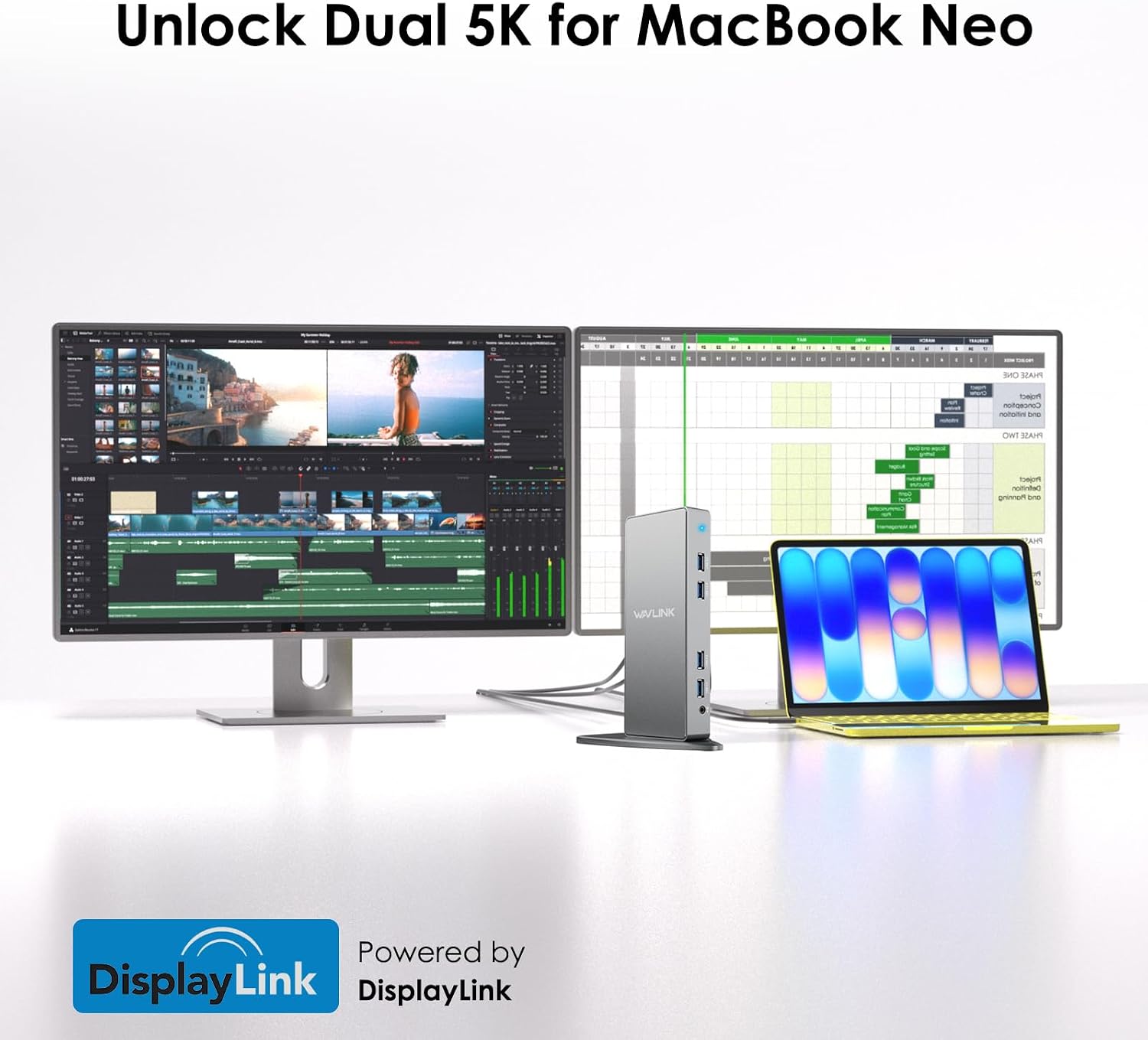 DisplayLink Docking Station Dual Monitor,WAVLINK 14-in-1 USB-C/A Laptop Dock with 2x5K HDMI,2x5K DP,1000Mbps Ethernet,6 USB 3.0,Audio&Mic,for New MacBook Neo M1/M2/Intel,Dell,HP,Surface Pro