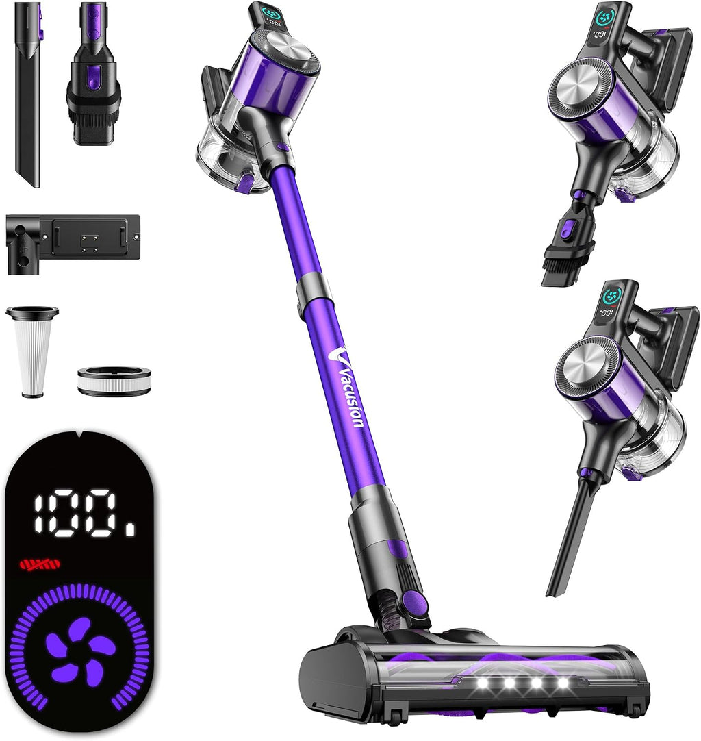 Cordless Vacuum Cleaner, 8-in-1 Cordless Stick Vacuum Cleaner with 3 Suction Modes, Up to 45mins Runtime, Rechargeable, Self-Standing, Vacuum Cleaners for Home Pet Hair Carpet Car Hard Floor, Purple