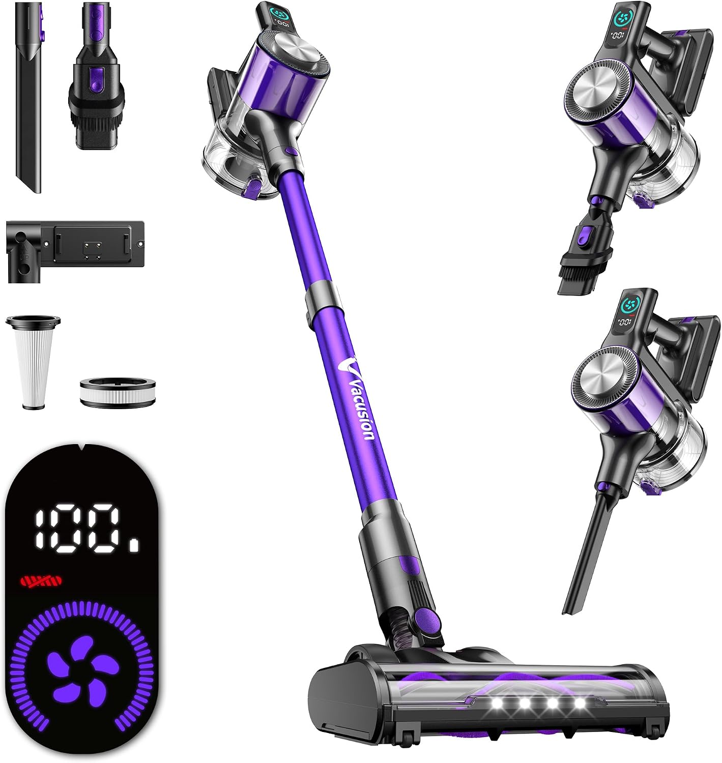 Cordless Vacuum Cleaner, 8-in-1 Cordless Stick Vacuum Cleaner with 3 Suction Modes, Up to 45mins Runtime, Rechargeable, Self-Standing, Vacuum Cleaners for Home Pet Hair Carpet Car Hard Floor, Purple