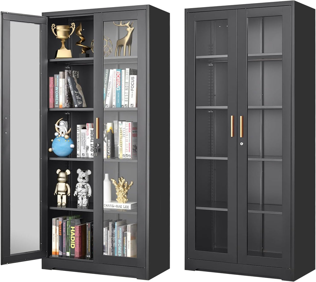 Glass Display Cabinet, 71' Tall Metal Curio Cabinet with Glass Doors, Black Display Case, Storage Cabinets with 4 Adjustable Shelves, Locking Storage Cases for Hallway, Kitchen, Living Room