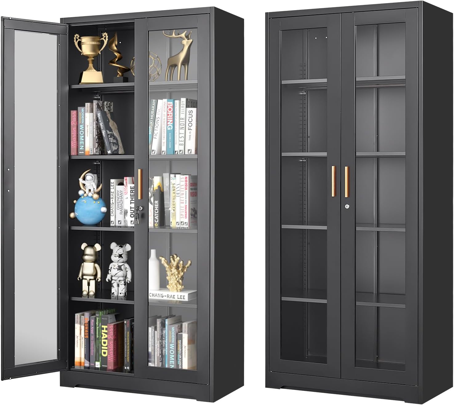 Glass Display Cabinet, 71' Tall Metal Curio Cabinet with Glass Doors, Black Display Case, Storage Cabinets with 4 Adjustable Shelves, Locking Storage Cases for Hallway, Kitchen, Living Room