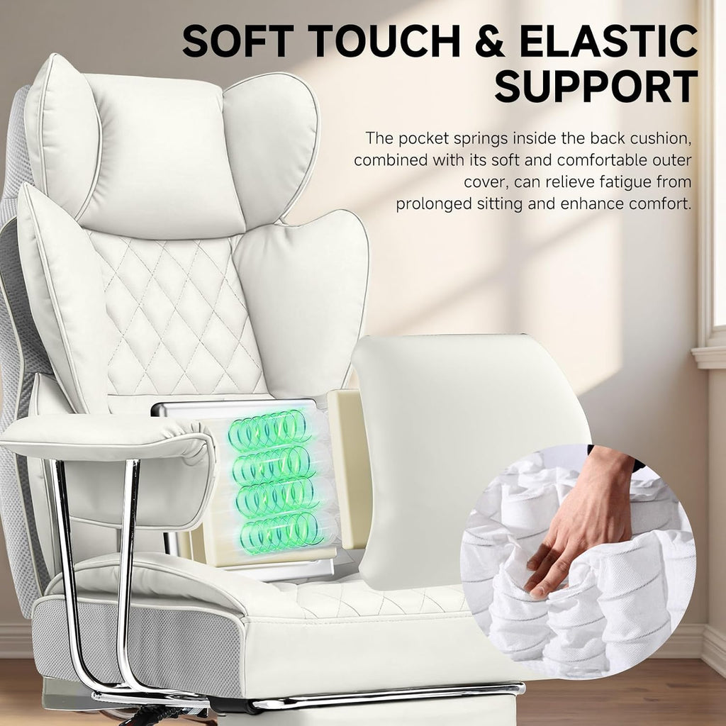 COMHOMA Big and Tall Office Chair, High Back Leather Gaming Chair with Footrest, Executive Ergonomic Office Chairs with Pocket Spring Lumbar Support and with Outward Fixed Soft Armrests