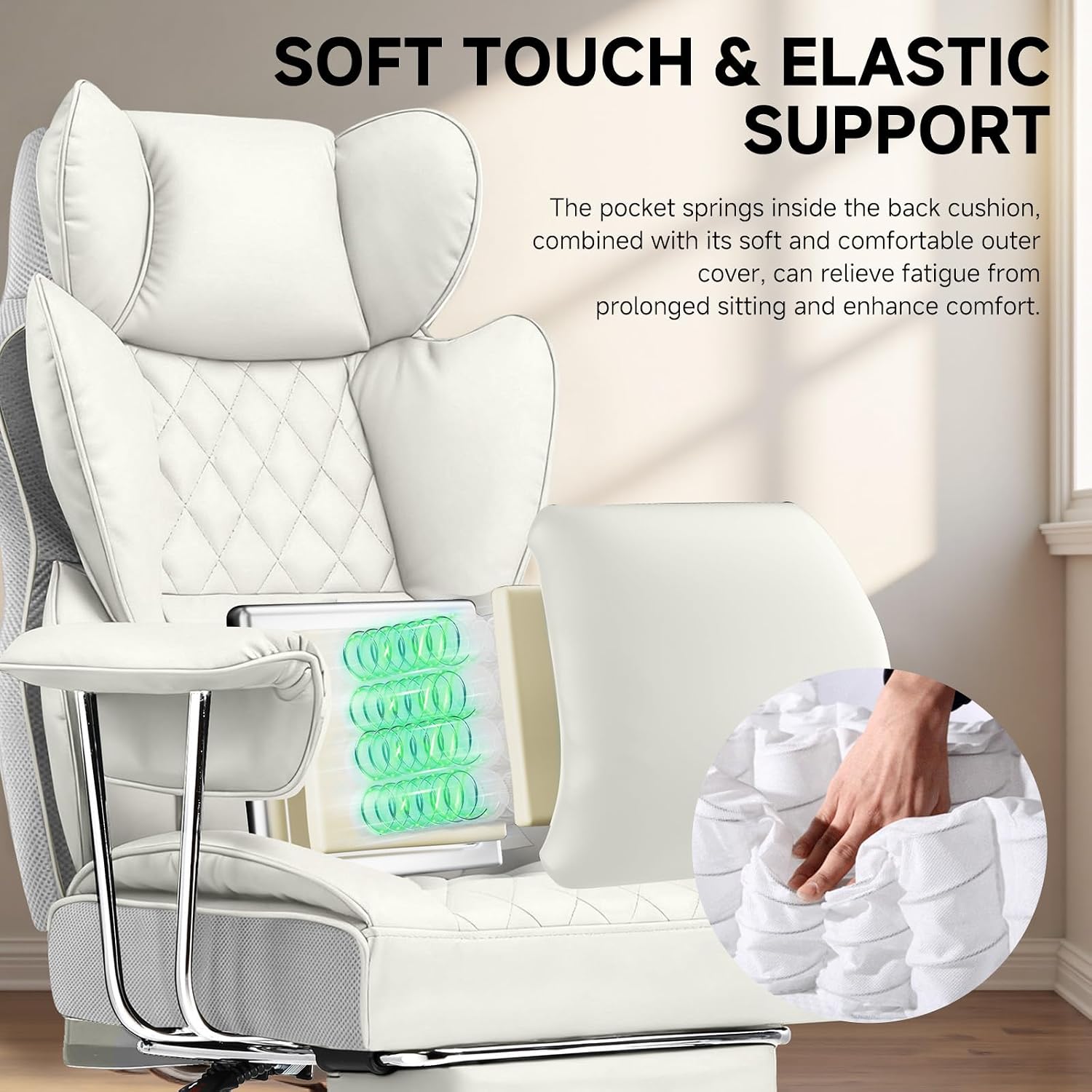 COMHOMA Big and Tall Office Chair, High Back Leather Gaming Chair with Footrest, Executive Ergonomic Office Chairs with Pocket Spring Lumbar Support and with Outward Fixed Soft Armrests