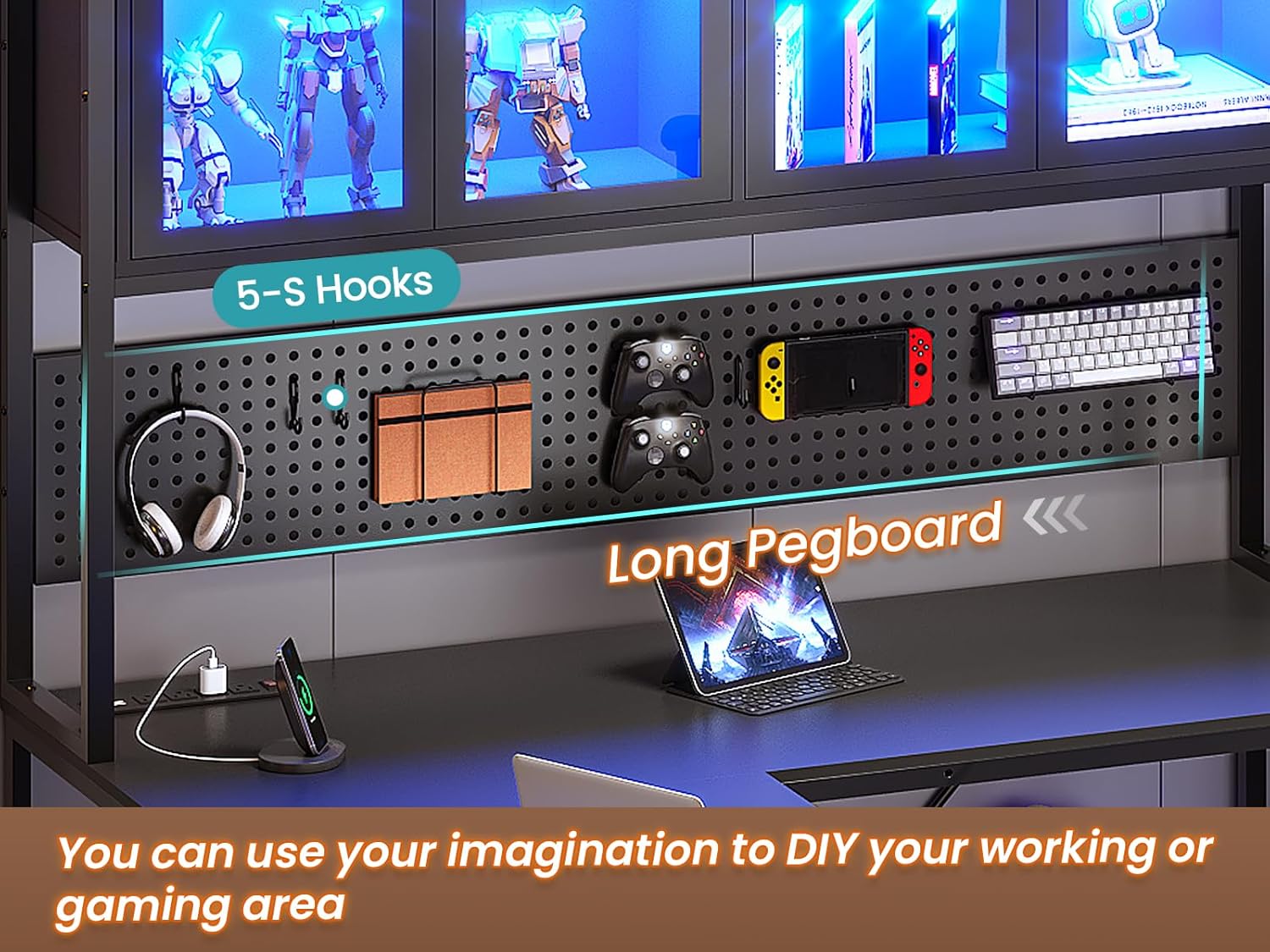 SEDETA L Shaped Gaming Desk with Drawers, L Shaped Computer Desk with Hutch and Storage Shelves, Gaming Desk with Pegboard, Led Lights, and Power Outlet, Home Office Desk, Corner Desk, Black