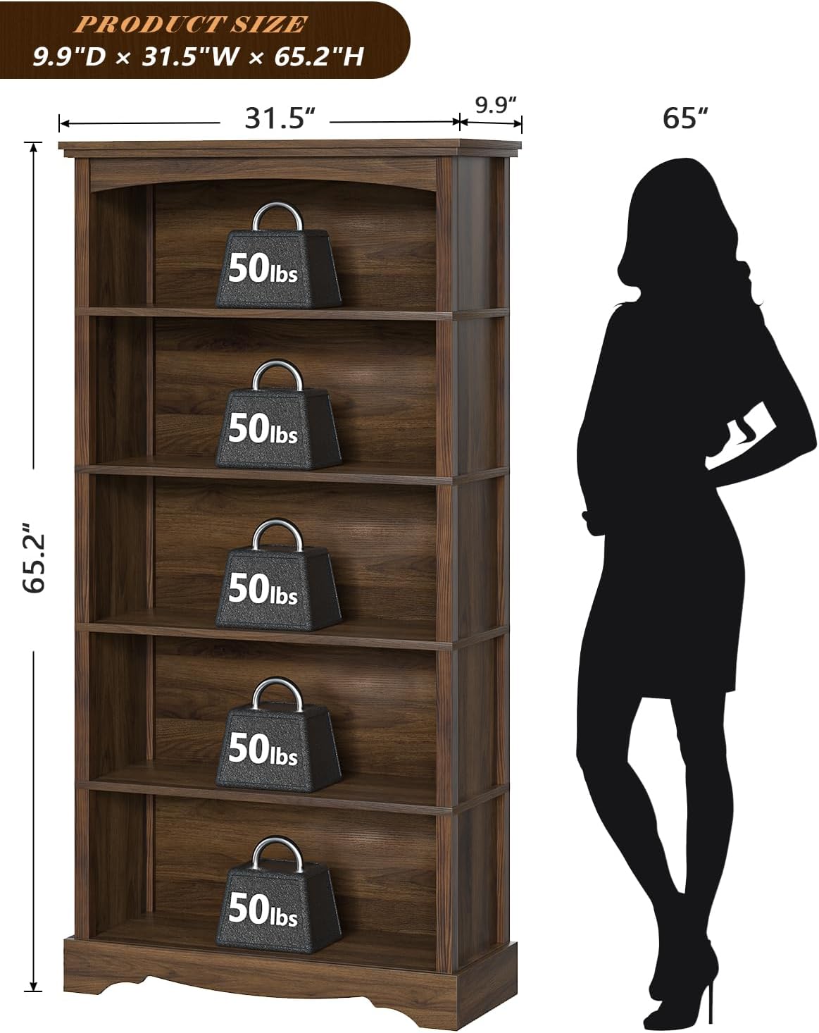 TVU 5-Tier Wooden Bookshelf, 31.5' W x 65' H ×9.9' D Bookshelf with Storage, Floor Standing Modern Style Display Bookcase for Living Room, Office, Study Room, Entryway, Brown