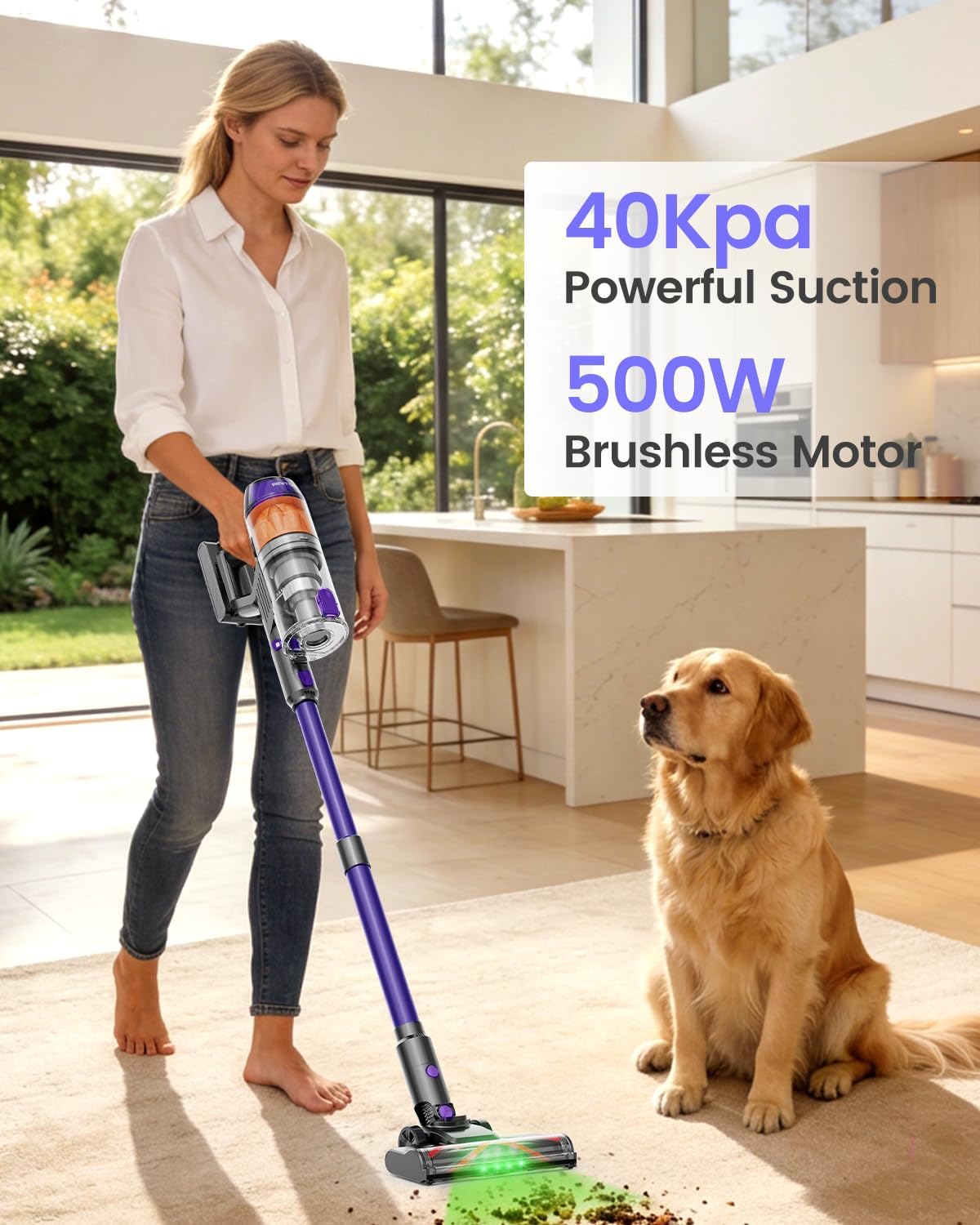 Cordless Vacuum Cleaner,500W 40KPa 120Mins Runtime with 2 Batteries,Anti-Tangle Stick Vacuum with Green Light,Rechargeable Wireless Vacuum for Pet Hair/Carpet/Hardwood Floor,Purple