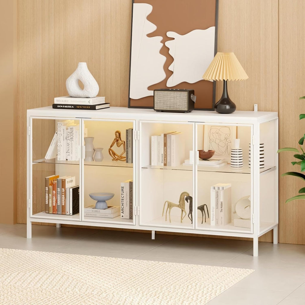 FUFU&GAGA Sideboard Buffet with LED Lights, Glass Doors, Modern Display Cabinet with Glass Shelves, White Cupboard Credenza with Metal Leg, for Living Room Kitchen, 55.1'W x 15.7'D x 29.5'H