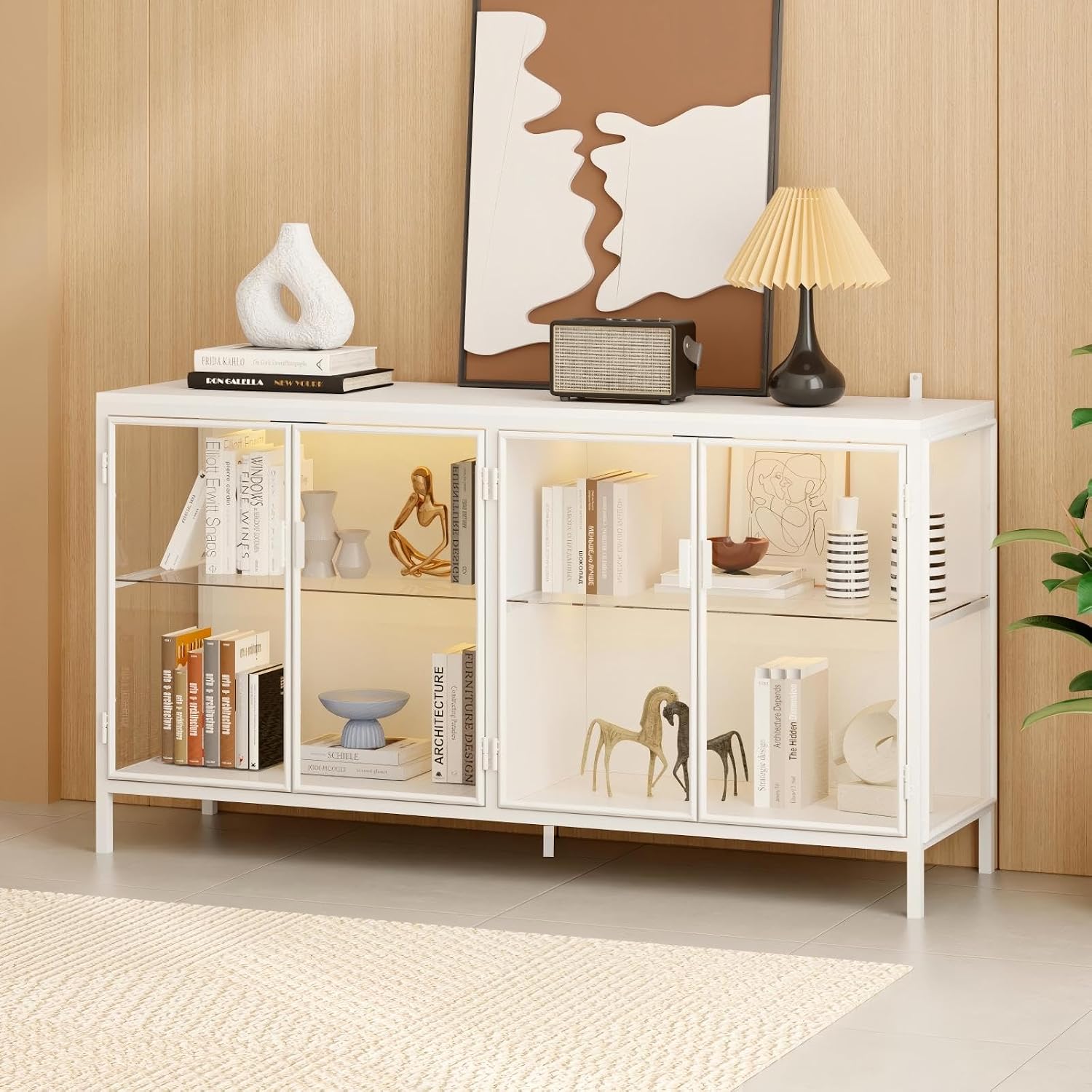 FUFU&GAGA Sideboard Buffet with LED Lights, Glass Doors, Modern Display Cabinet with Glass Shelves, White Cupboard Credenza with Metal Leg, for Living Room Kitchen, 55.1'W x 15.7'D x 29.5'H