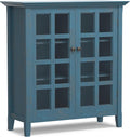 SIMPLIHOME Acadian Storage Cabinet - 39 inch Wide Solid Wood 6-Shelf Medium Storage Cabinet in Distressed Coastal Blue, Transitional Cabinet with Glass Doors for Living Room with Adjustable Shelves