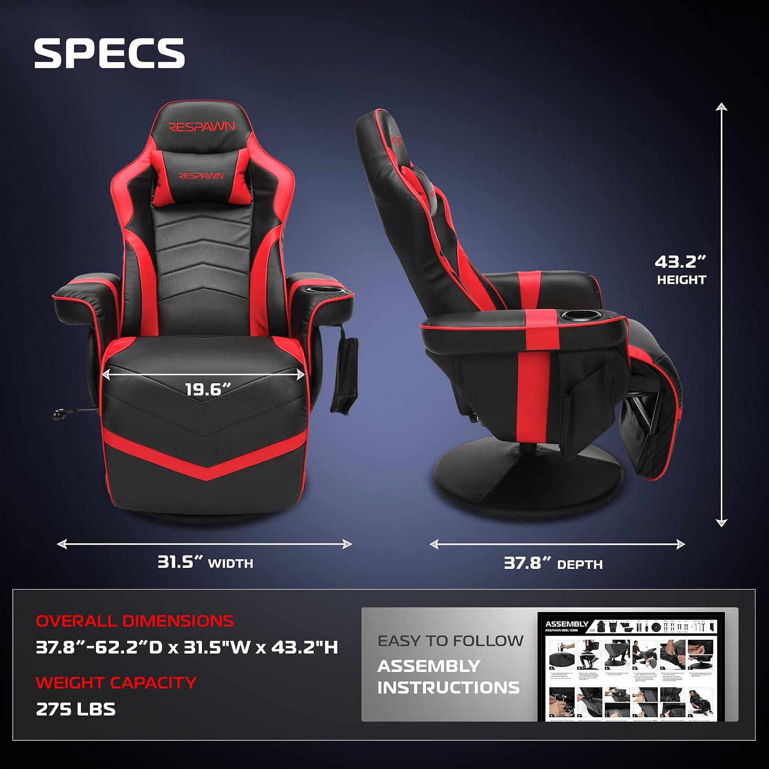 Respawn 900 Console Gaming Recliner with Footrest and Lumbar Support - Comfortable Ergonomic Gaming Chair with Headrest, No Wheels, Reclining, Heavy Duty, Racing Style Video Game Chairs - Red