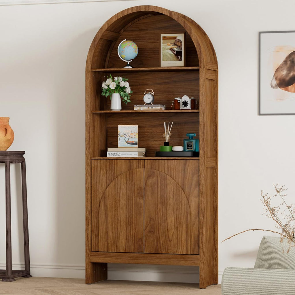 Mid Century Arched Display Cabinet with Doors, 5 Tier Tall Display Case, 71 Inch Storage Cabinet, Large Arch Bookcase, Wooden 5 Shelf Book Shelf, Office, Brown, Walnut