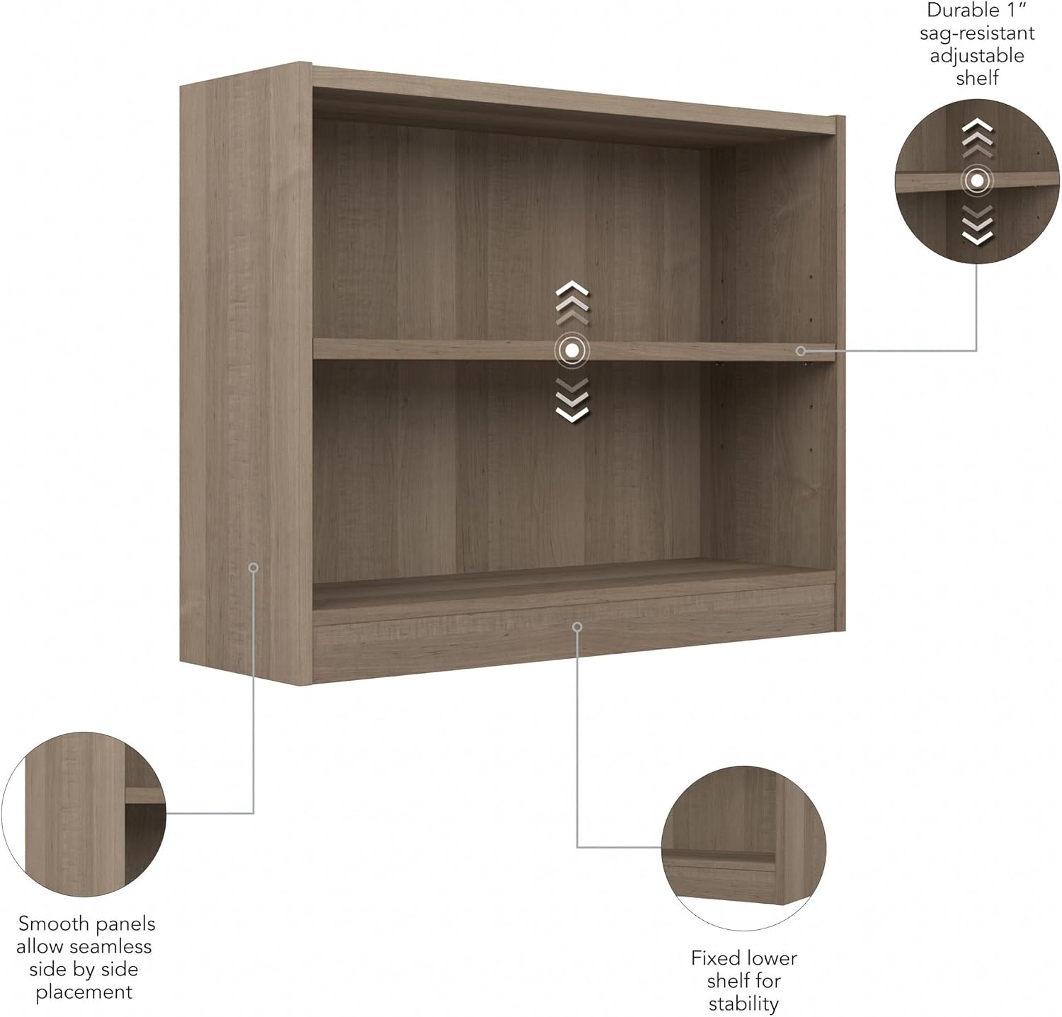 Bush Home Small 2 Shelf Bookcase, 2 Tier Bookshelf Storage Cabinet with Adjustable Shelf for Living Room, Bedroom or Home Office, Universal Collection, Ash Gray