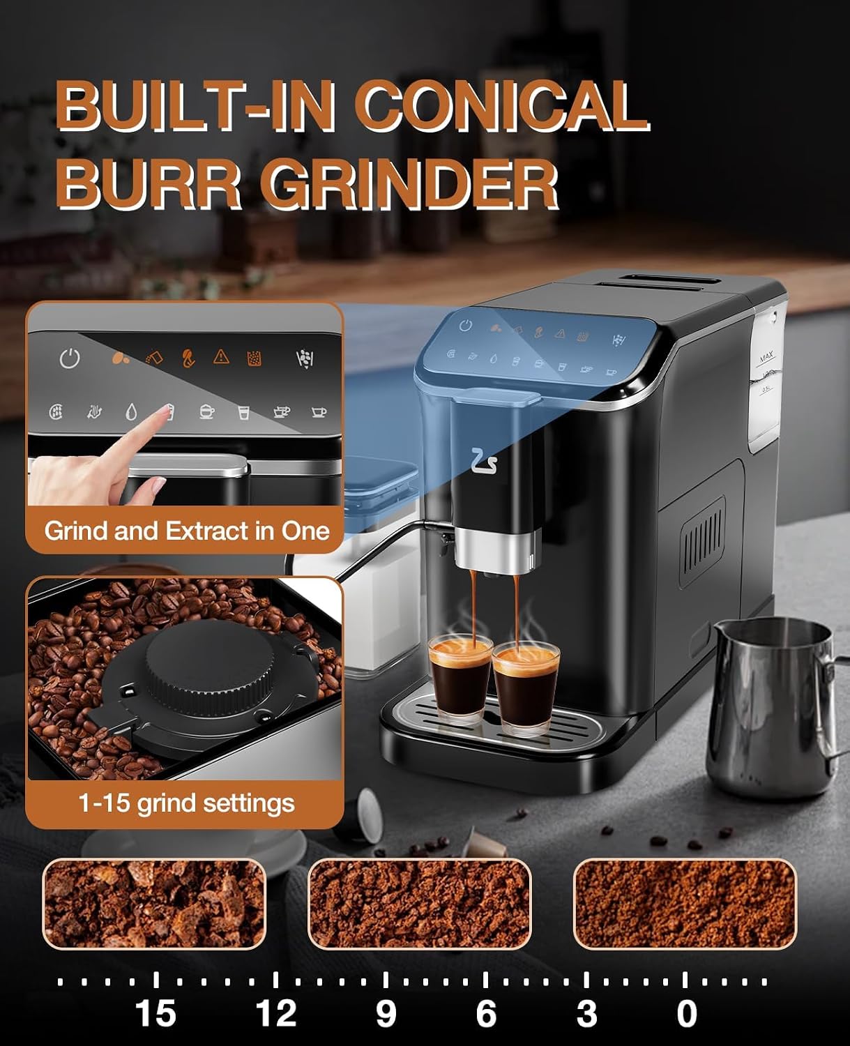 GarveeLife Fully Automatic Espresso Coffee Machine with Built-In Grinder, Milk Frother, Touchscreen, 20 Bar Pump Pressure, 1.5L Detachable Water Tank, One-Touch Latte & Cappuccino Maker, 1350W Gold