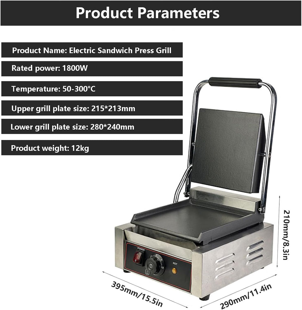 Commercial Sandwich Grill,Electric Sandwich Contact Grill Non-Stick Sandwich Press with 50-300℃ Temperature For Kitchen, Restaurant Use (Smooth)